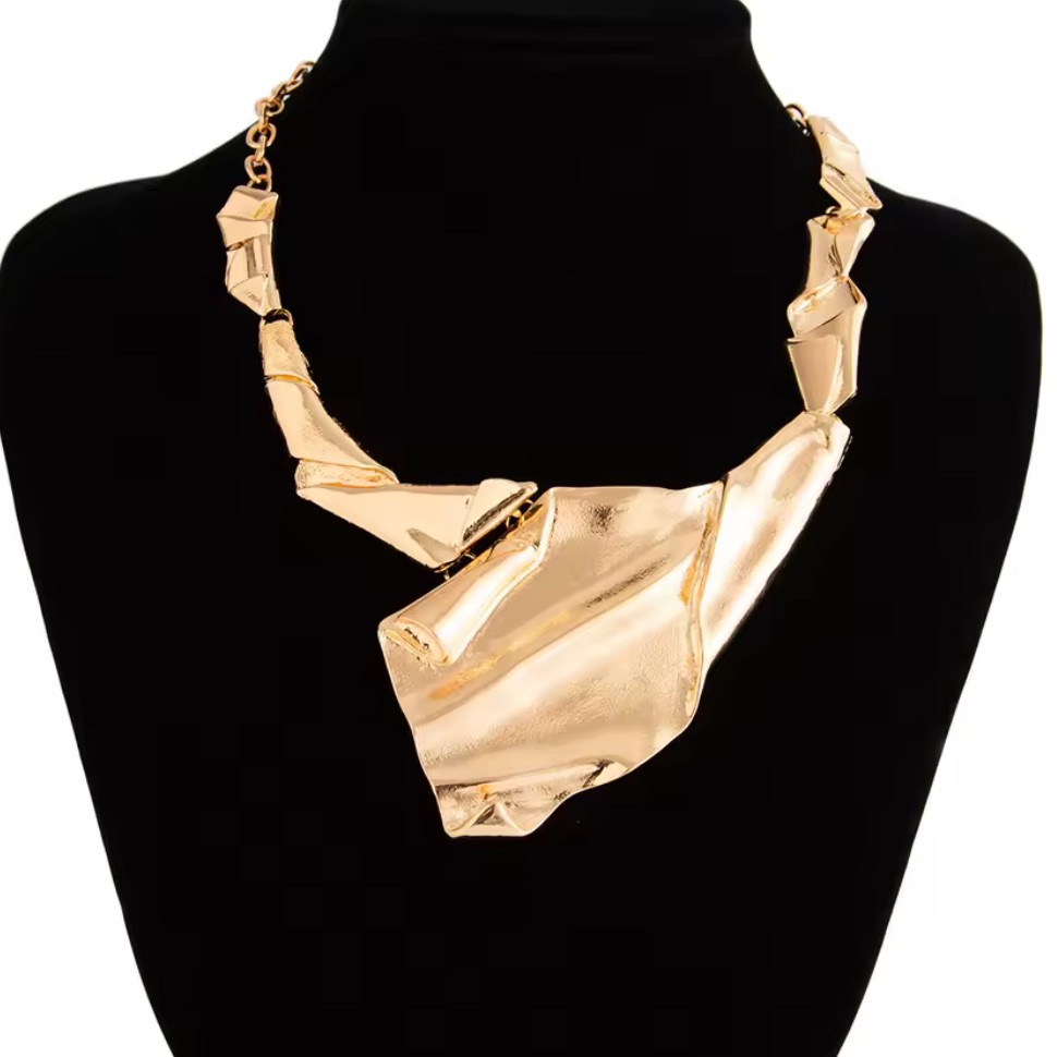 New Necklace Chunky Crumpled Molten Metal Gold Brut Alexis Bittar Style Ja24
